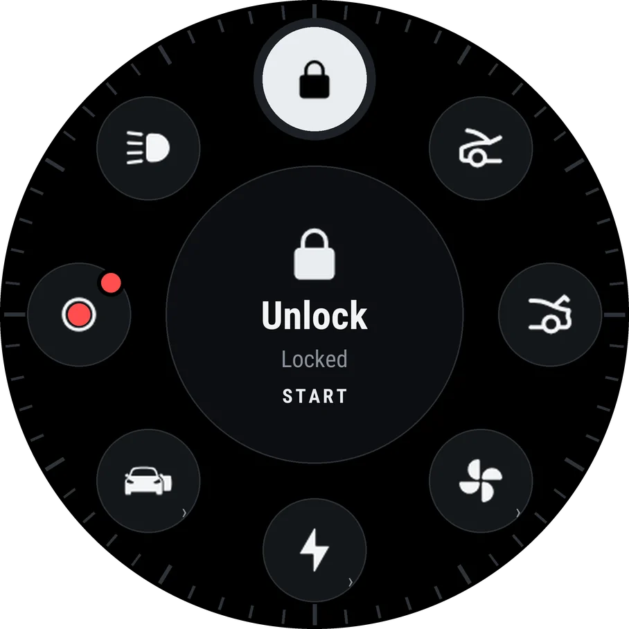 The Dial with Unlock in focus: eight controls round the bezel, and the car locked.