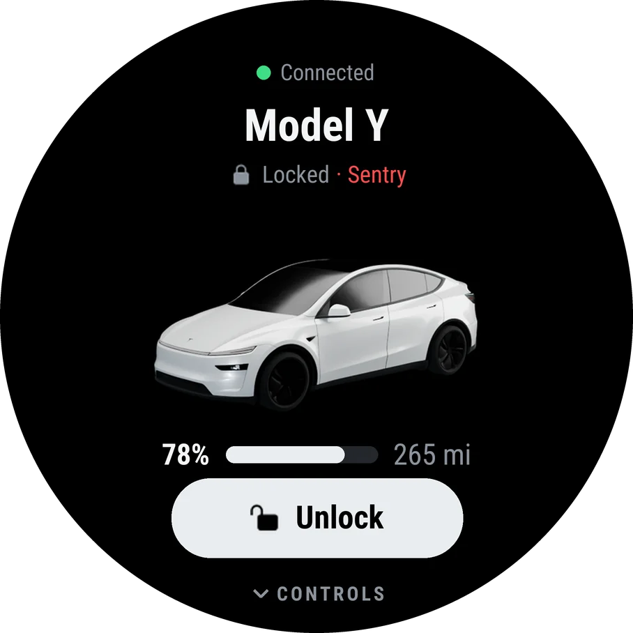 Coil's Home screen on a fēnix 8: a Model 3, connected and locked, Sentry on, 78% and 265 miles, with an Unlock button.