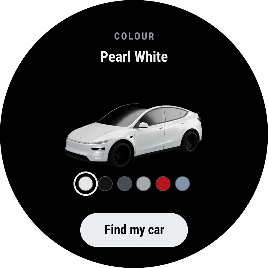 Colour: turning through the new Model Y's colours, from Pearl White to Glacier Blue, with Find my car.